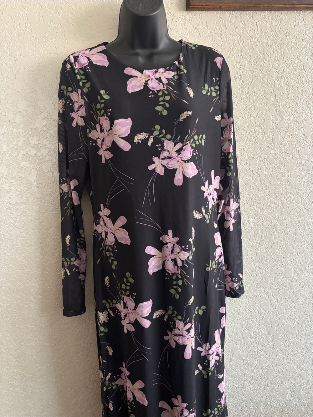 Black Long-Sleeve Floral Maxi Dress with Pink Blooms